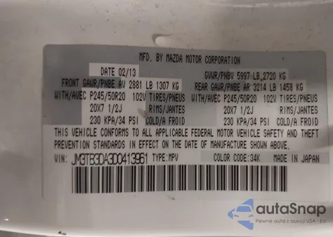 2013 Mazda Cx-9 Grand Touring from USA, damaged, VIN JM3TB3DA3D0413961